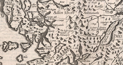 Mapa monocromo antiguo de Escocia, 1611 de John Speed ​​- Orkney, Shetland, Highlands, Hebrides exteriores, Skye, Loch Ness