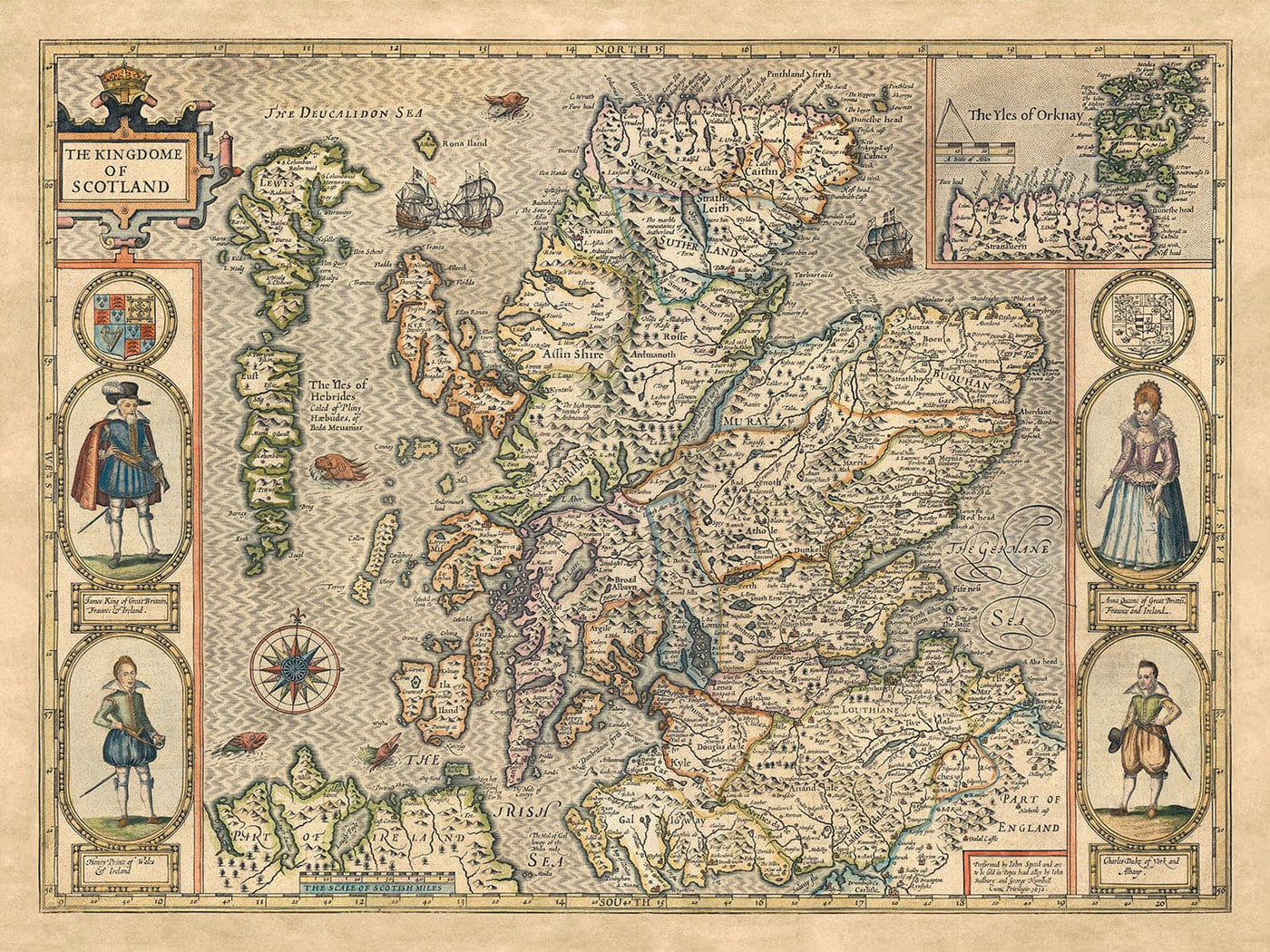 Viejo Mapa de Escocia en 1611 por John Speed ​​- Orkney, Shetland, Highlands, Skye, Loch Ness