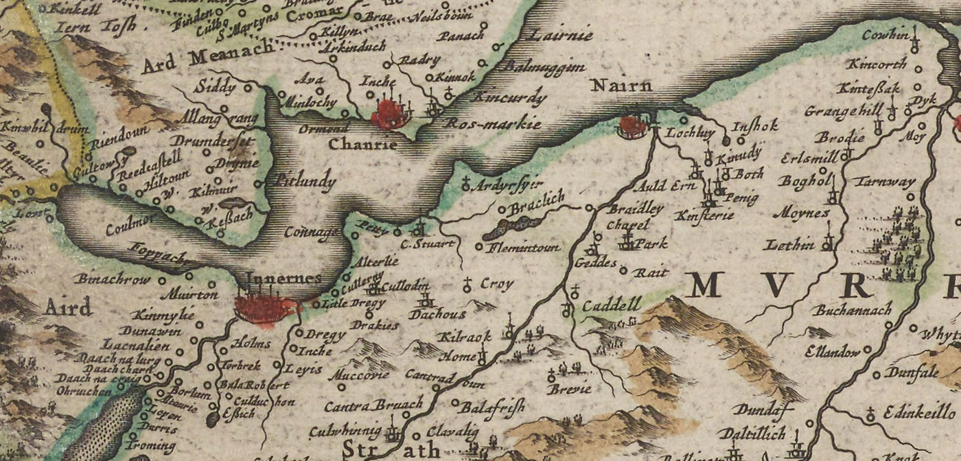 Antiguo mapa de las Highlands escocesas, 1665 por Blaeu - Caithness, Sutherland, Ross, Nairn, Inverness, Moray