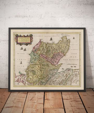 Antiguo mapa de las Highlands escocesas, 1665 por Blaeu - Caithness, Sutherland, Ross, Nairn, Inverness, Moray