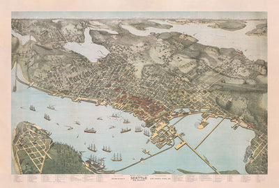 Rare Old Birds Eye Map of Seattle by Augustus Koch, 1891 - Downtown, Capitol Hill, Central District, Lakes, Mountains, Washington History