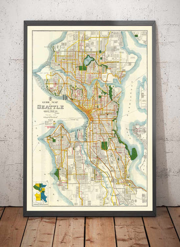 Mapa antiguo raro de Seattle, Washington, 1929 - Downtown, Lagos, Puget, Canales, Isla Mercer