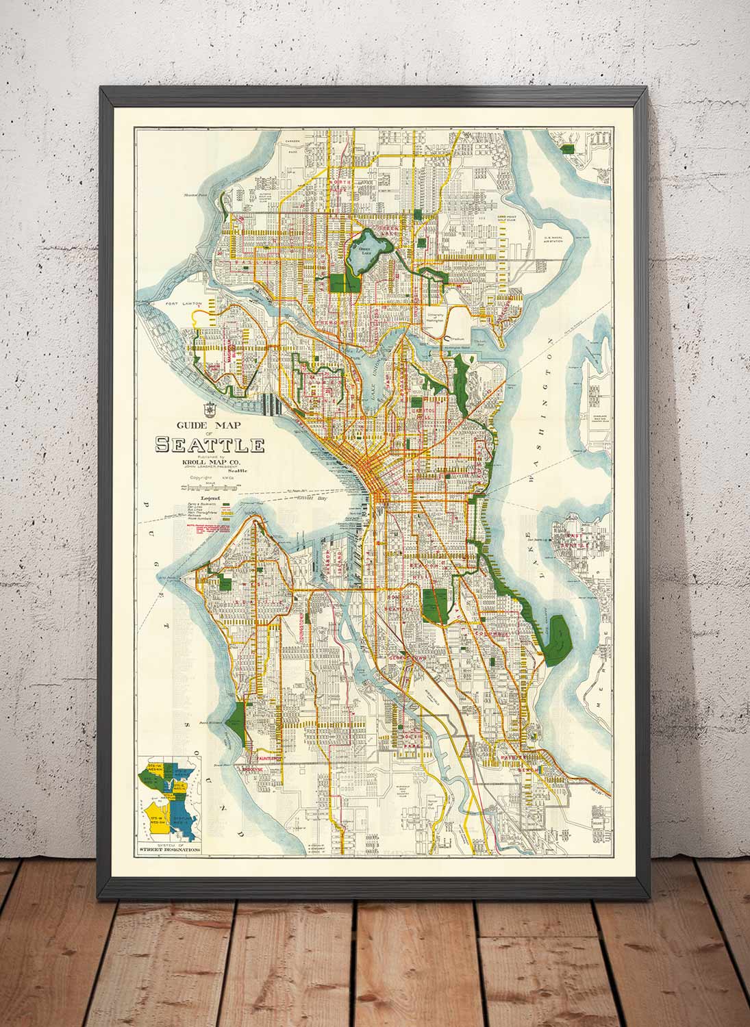 Seltene alte Karte von Seattle, Washington, 1929 - Downtown, Seen, Puget, Kanäle, Mercer Island