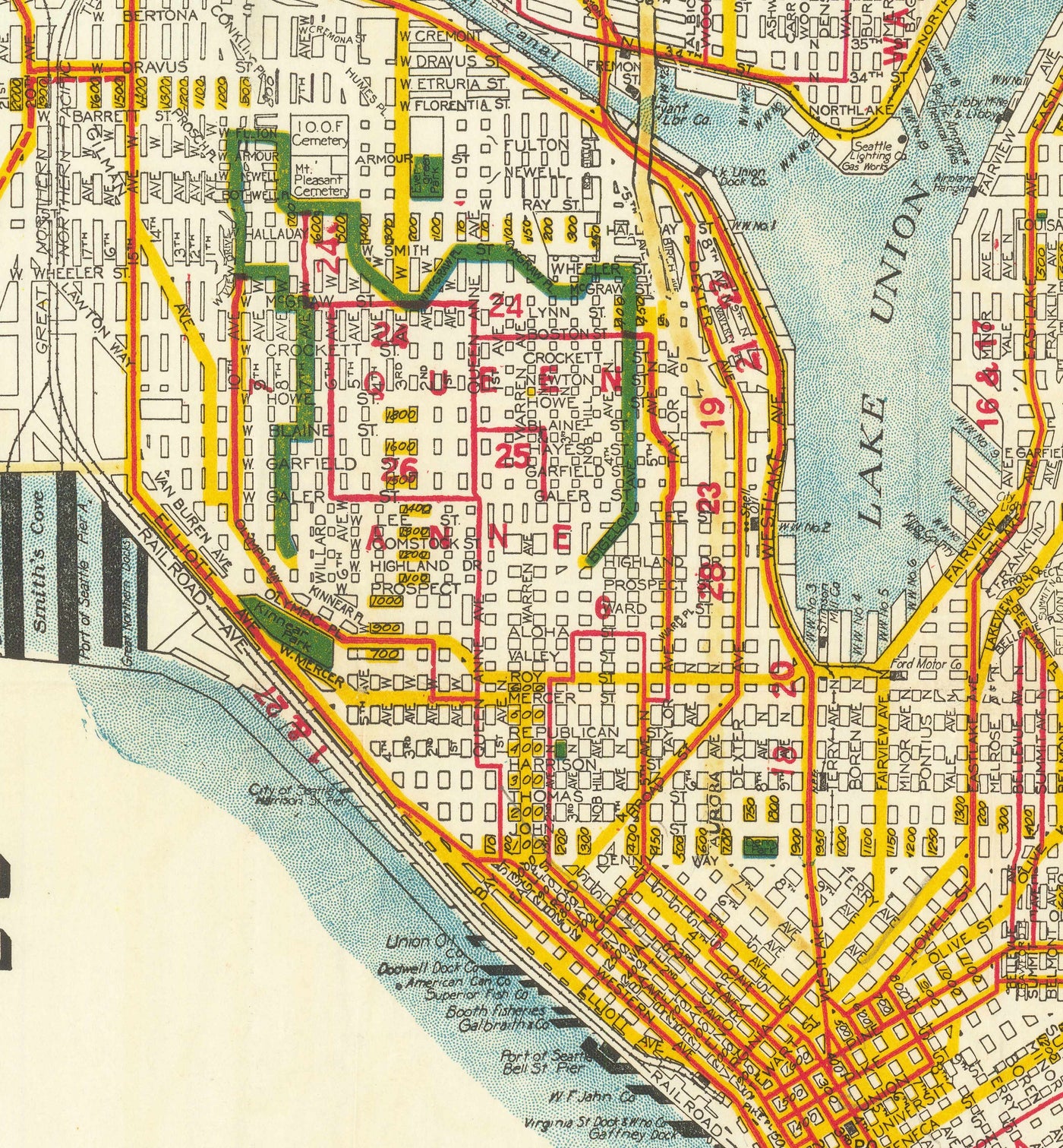 Rare ancienne carte de Seattle, Washington, 1929 - Centre ville, lacs, puget, canaux, île de Mercer