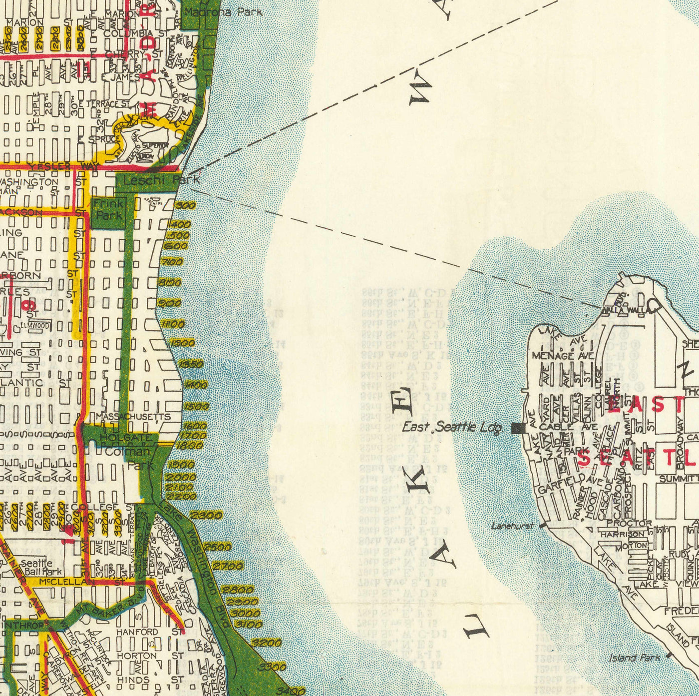 Rare ancienne carte de Seattle, Washington, 1929 - Centre ville, lacs, puget, canaux, île de Mercer