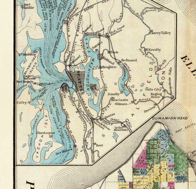 Rare ancienne carte de Seattle, Washington, 1890 par Op Anderson - Downtown, Lakes, Puget, Bay, Mercer, Trainlines
