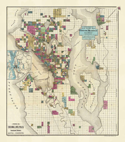 Rare ancienne carte de Seattle, Washington, 1890 par Op Anderson - Downtown, Lakes, Puget, Bay, Mercer, Trainlines
