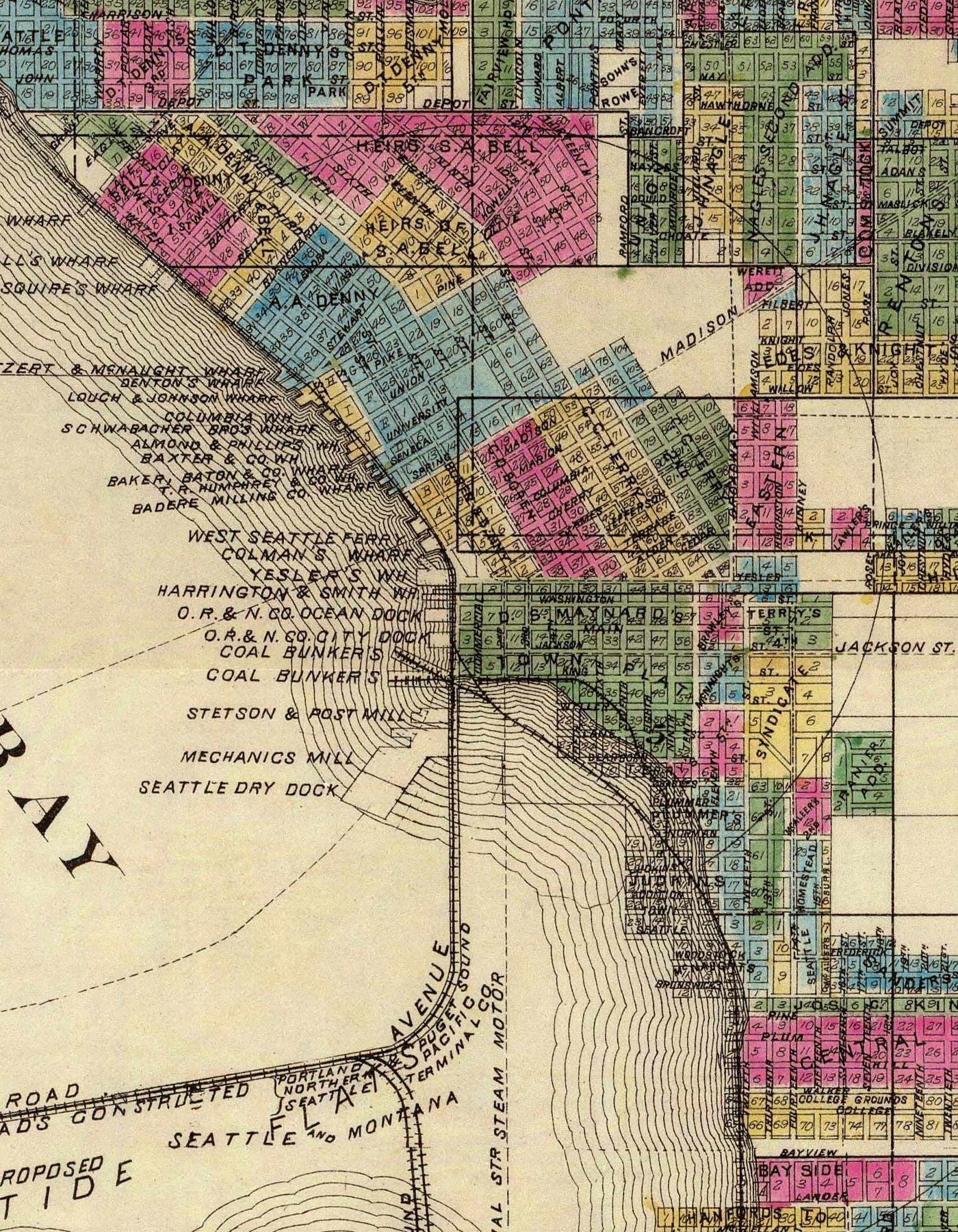 Raro mapa antiguo de Seattle, Washington, 1890 por OP Anderson - Centro, Lagos, Puget, Bahía, Mercer, líneas de tren