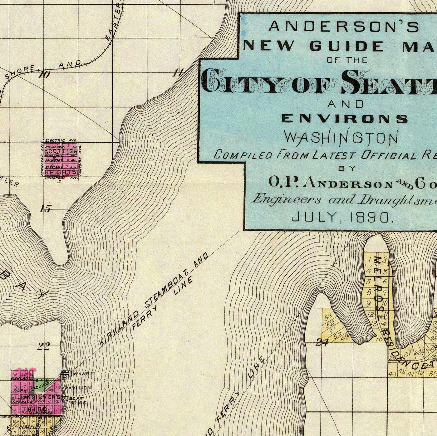 Raro mapa antiguo de Seattle, Washington, 1890 por OP Anderson - Centro, Lagos, Puget, Bahía, Mercer, líneas de tren