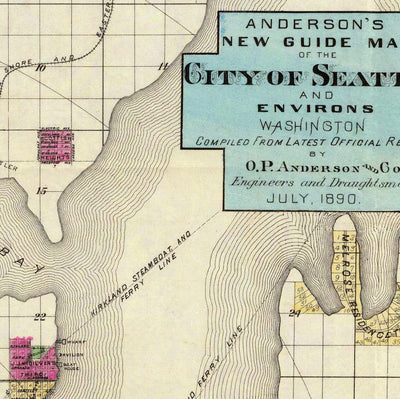 Rare Old Map of Seattle, Washington, 1890 by OP Anderson - Downtown, Lakes, Puget, Bay, Mercer, Trainlines