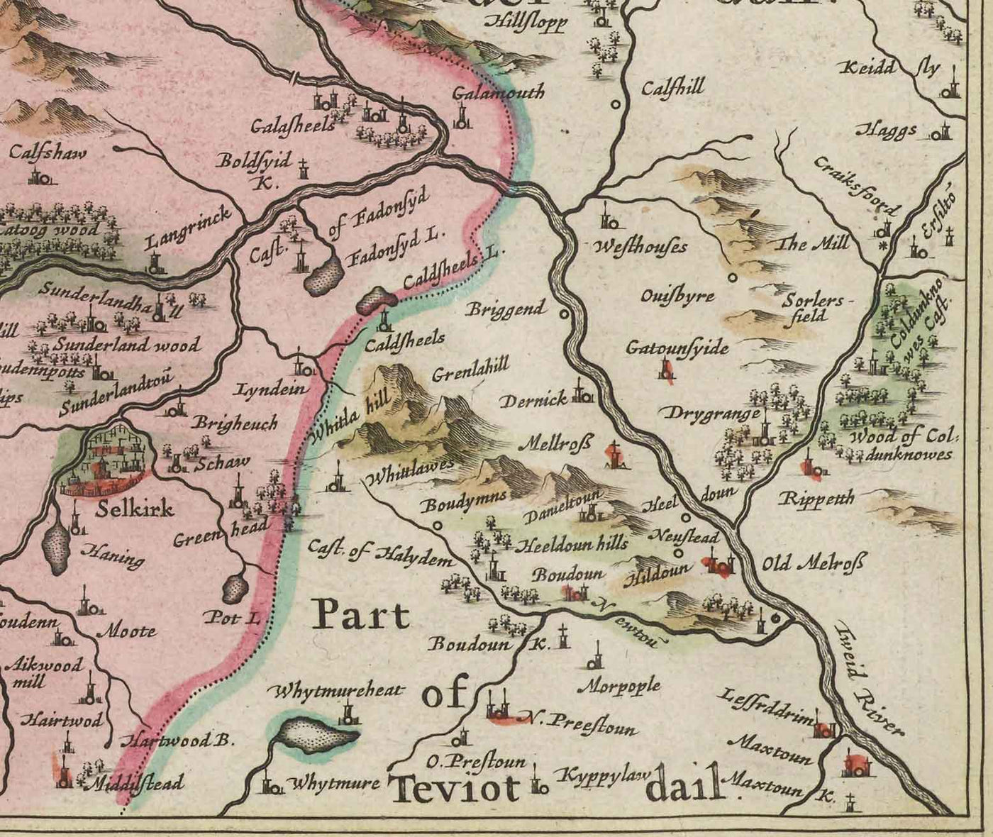 Darnick Map Old Map of Selkirkshire in 1665 by Joan Blaeu - Selkirk, Lindean, Darn ...