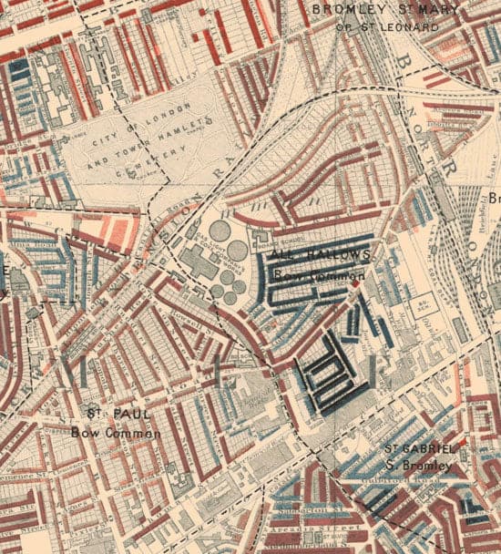Karte der Londoner Armut 1898-9, östlicher Bezirk, von Charles Booth - Isle of Dogs, Surrey Quays, West India, Canary Wharf - E3, E14, SE16, SE8, SE10