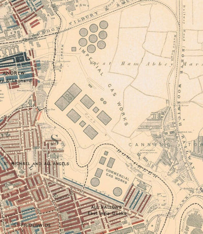 Carte de la pauvreté de Londres 1898-9, district Est, par Charles Booth - Isle of Dogs, Surrey Quays, West India, Canary Wharf - E3, E14, SE16, SE8, SE10