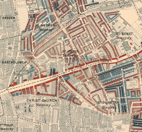 Carte de la pauvreté de Londres 1898-9, district Est, par Charles Booth - Isle of Dogs, Surrey Quays, West India, Canary Wharf - E3, E14, SE16, SE8, SE10