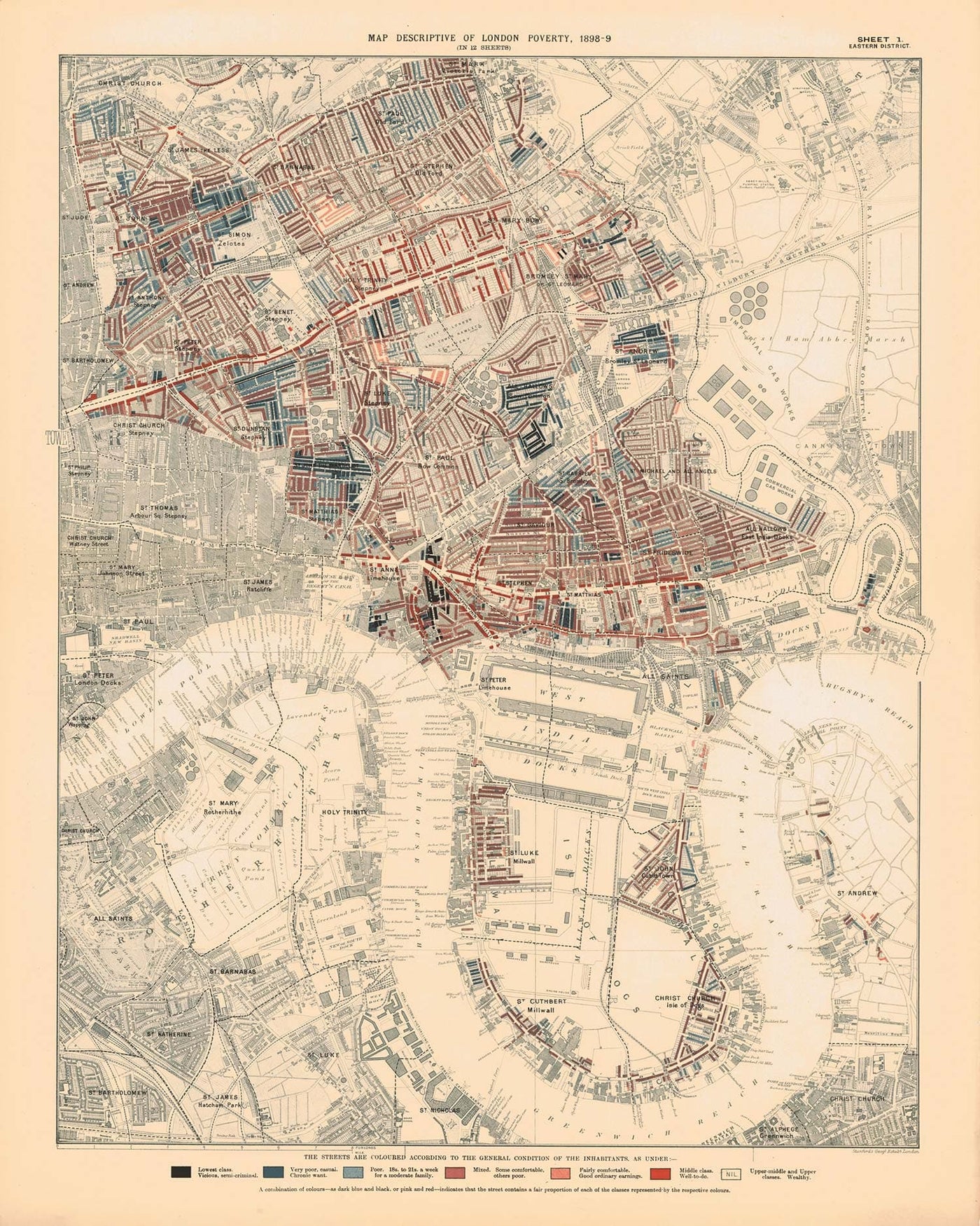 Mapa de la pobreza en Londres 1898-9, Distrito Este, por Charles Booth - Isle of Dogs, Surrey Quays, West India, Canary Wharf - E3, E14, SE16, SE8, SE10