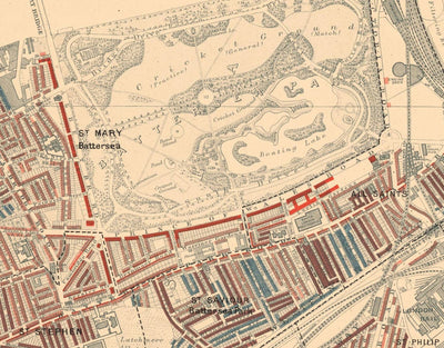 Mapa de la pobreza en Londres 1898-9, distrito suroeste, por Charles Booth - Battersea, Clapham, Putney, Wandsworth - SW6, SW15, SW18, SW10, SW11, SW8, SW4