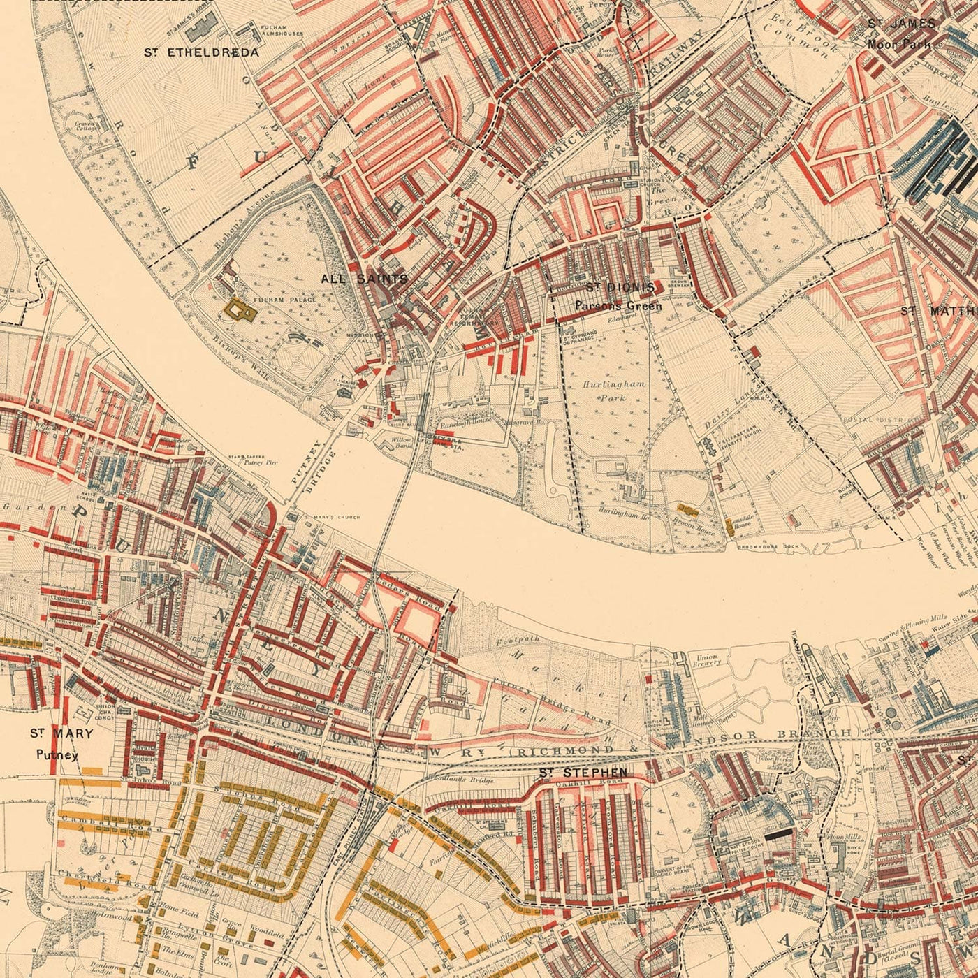 Karte der Londoner Armut 1898-9, südwestlicher Bezirk, von Charles Booth - Battersea, Clapham, Putney, Wandsworth - SW6, SW15, SW18, SW10, SW11, SW8, SW4