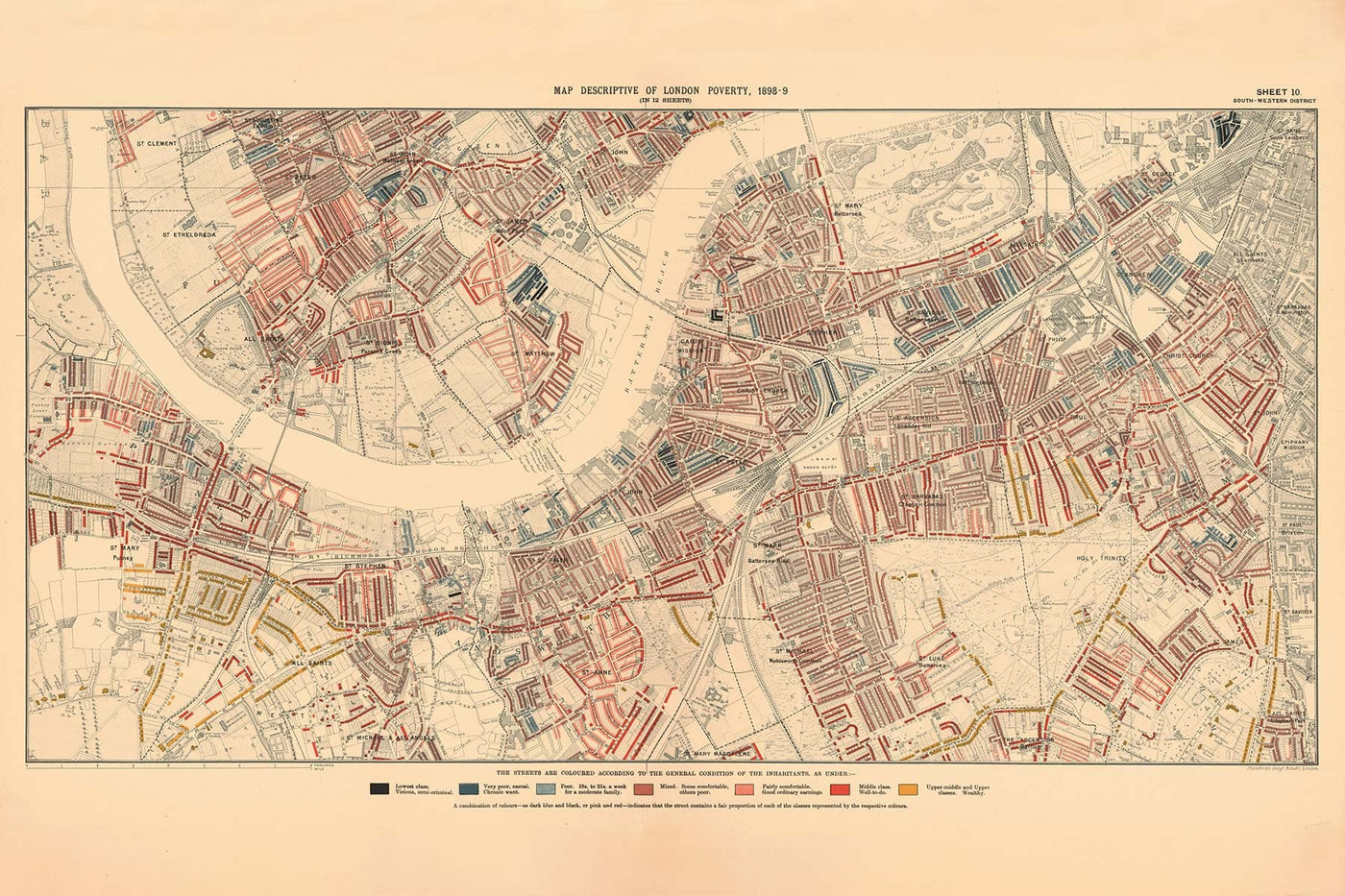 Karte der Londoner Armut 1898-9, südwestlicher Bezirk, von Charles Booth - Battersea, Clapham, Putney, Wandsworth - SW6, SW15, SW18, SW10, SW11, SW8, SW4