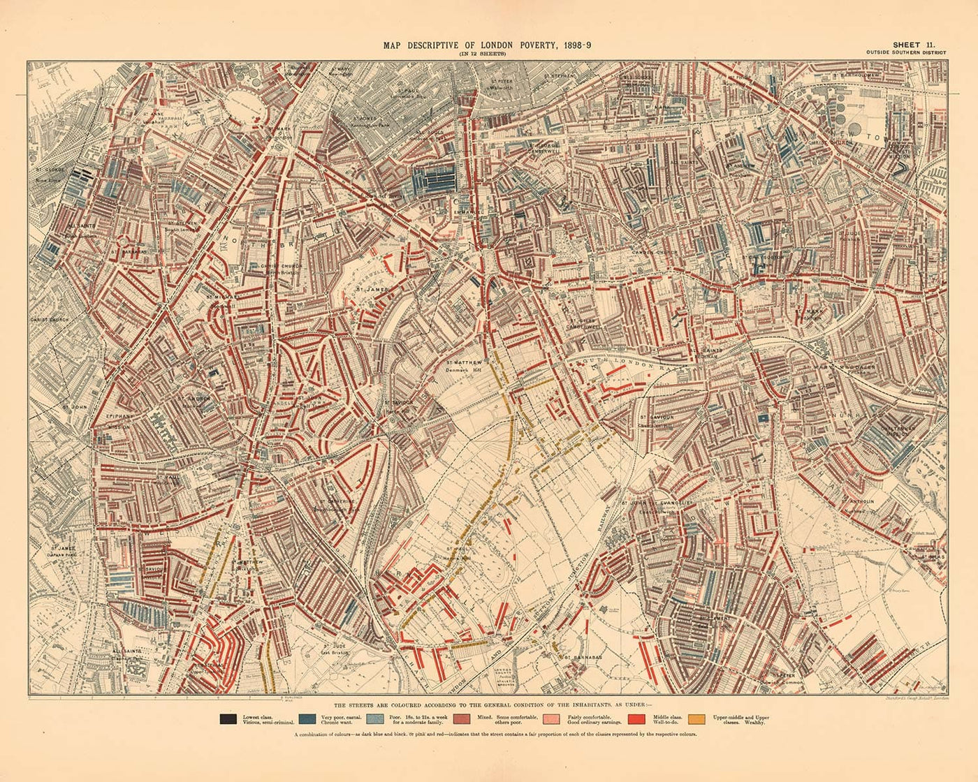 Carte de la pauvreté de Londres 1898-9, en dehors du district sud, par Charles Booth - Oval, Brixton, Herne Hill, Lambeth - SW8, SW9, SW2, SE5, SE24, SE22, SE15