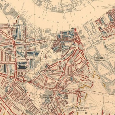 Karte der Londoner Armut 1898-9, südöstlicher Bezirk, von Charles Booth - New Cross, Blackheath, Nunhead, Deptford - SE8, SE10, SE14, SE4, SE13