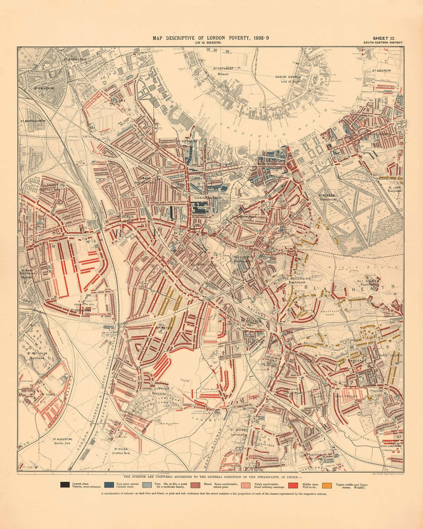 Carte de la pauvreté de Londres 1898-9, district sud-est, par Charles Booth - New Cross, Blackheath, Nunhead, Deptford - SE8, SE10, SE14, SE4, SE13