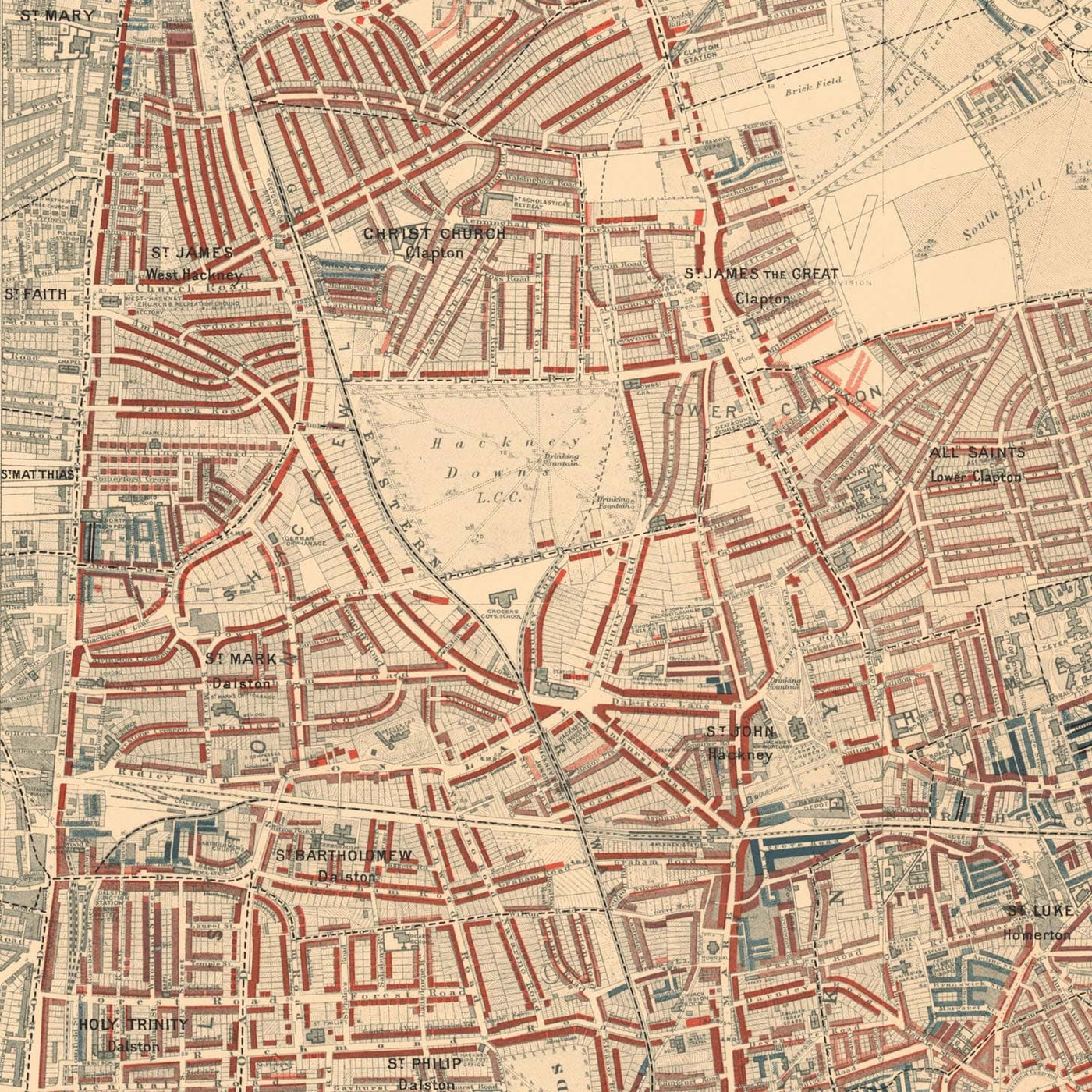 Mapa de la pobreza en Londres 1898-9, Distrito Noreste, por Charles Booth - Hackney, London Fields, Clapton, Marshes - E5, E8, E9, E3, N16