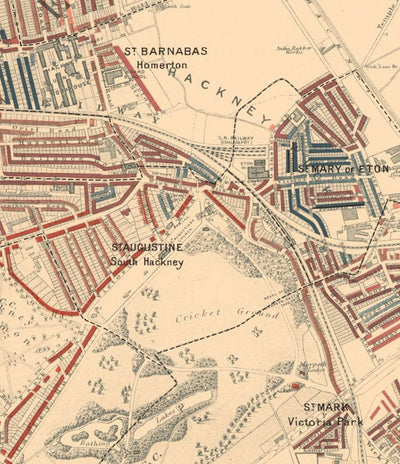 Mapa de la pobreza en Londres 1898-9, Distrito Noreste, por Charles Booth - Hackney, London Fields, Clapton, Marshes - E5, E8, E9, E3, N16