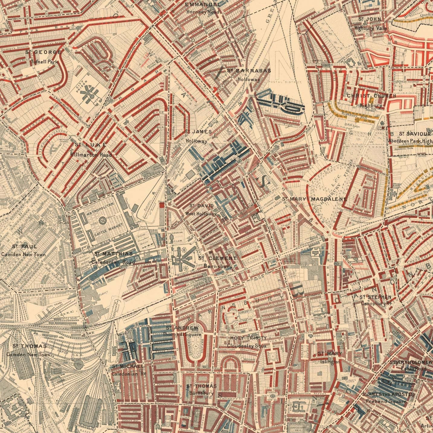 Karte der Londoner Armut 1898-9, nördlicher Bezirk, von Charles Booth - Camden, Islington, Stoke Newington, Kings Cross - N1, N1C, N5, N7, N16, N4