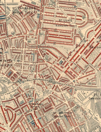 Map of London Poverty 1898-9, North Western District, by Charles Booth - Camden, Hampstead, Westminster, Regents Park - NW1, NW5, NW3, NW8, NW6, W9