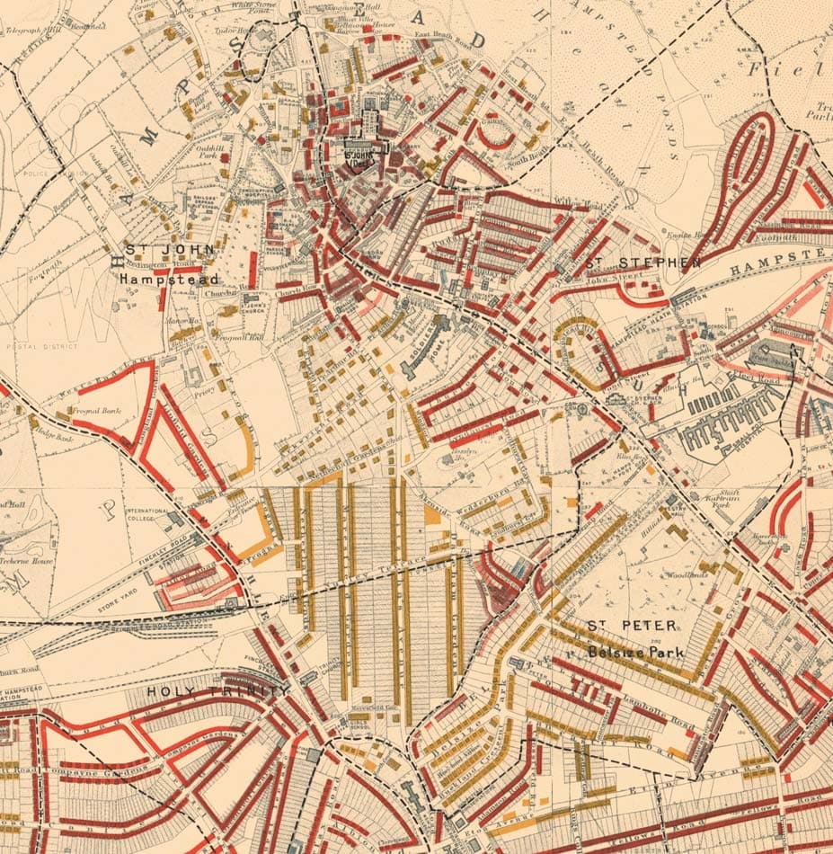 Carte de la pauvreté de Londres 1898-9, district nord-ouest, par Charles Booth - Camden, Hampstead, Westminster, Regents Park - NW1, NW5, NW3, NW8, NW6, W9
