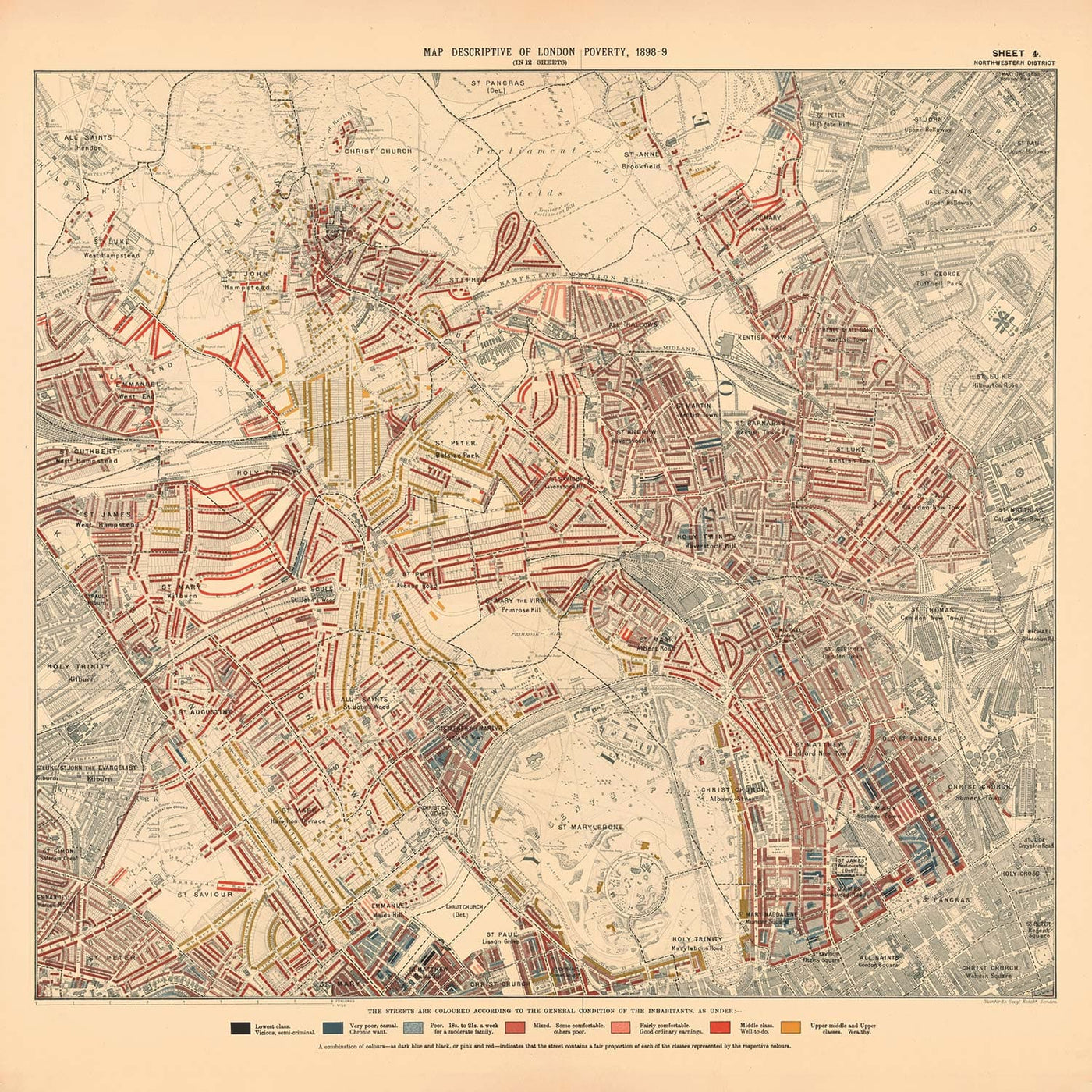 Mapa de la pobreza en Londres 1898-9, Distrito Noroeste, por Charles Booth - Camden, Hampstead, Westminster, Regents Park - NW1, NW5, NW3, NW8, NW6, W9