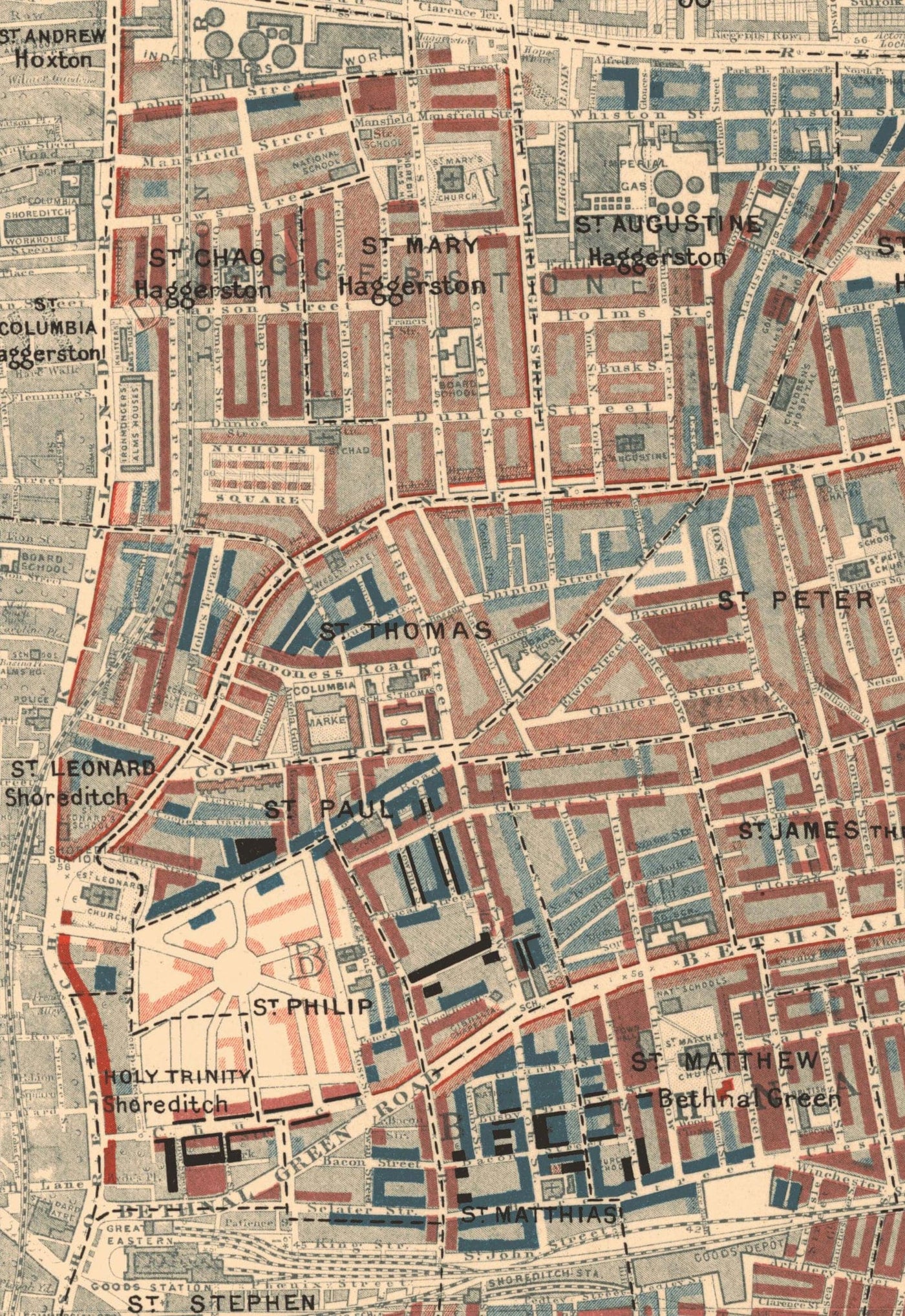 Karte der Londoner Armut 1898-9, East Central District, von Charles Booth - Hackney, Shoreditch, Tower Hamlets - E2, E1, E1W, EC2, EC3