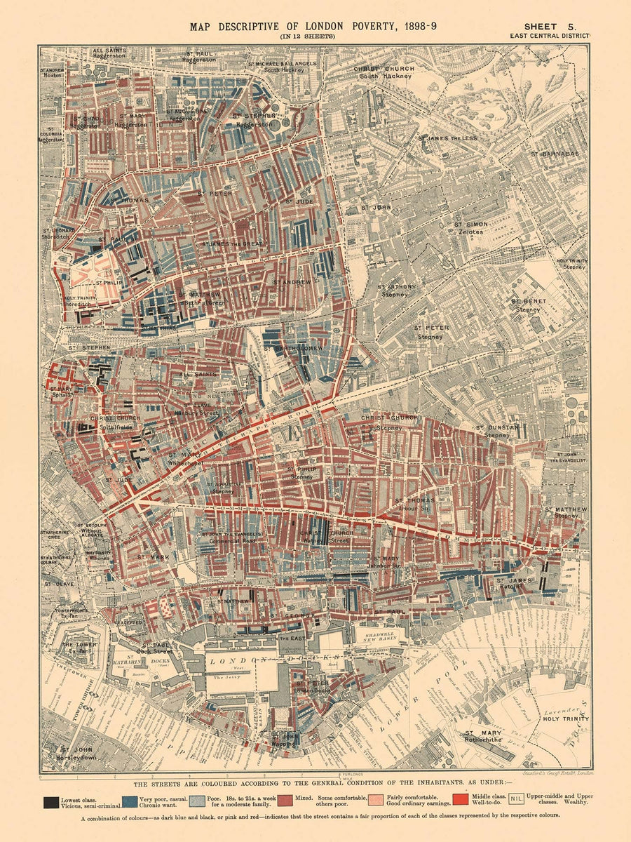 Carte de pauvreté personnalisée de Londres par Charles Booth, 1898-1899 