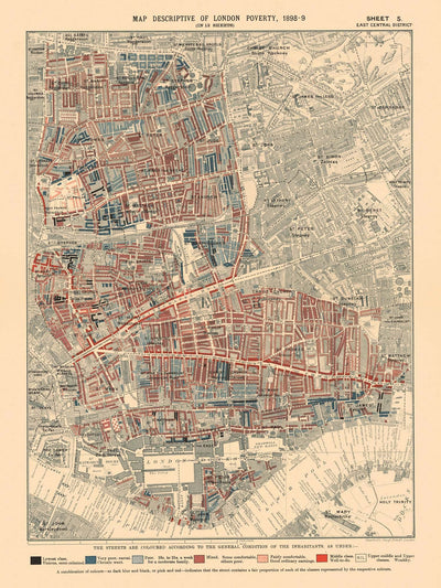 Karte der Londoner Armut 1898-9, East Central District, von Charles Booth - Hackney, Shoreditch, Tower Hamlets - E2, E1, E1W, EC2, EC3