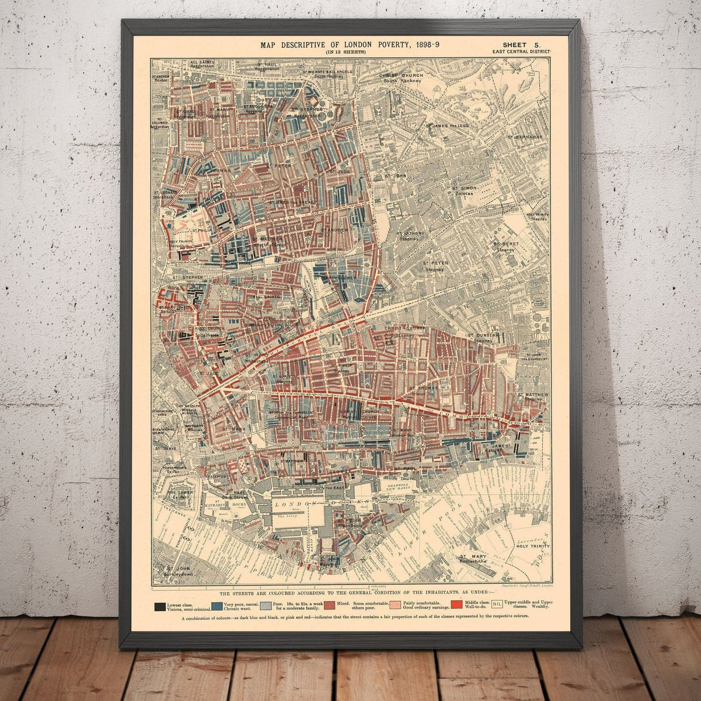 Carte de la pauvreté de Londres 1898-9, district du centre-est, par Charles Booth - Hackney, Shoreditch, Tower Hamlets - E2, E1, E1W, EC2, EC3
