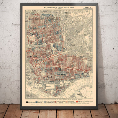 Carte de la pauvreté de Londres 1898-9, district du centre-est, par Charles Booth - Hackney, Shoreditch, Tower Hamlets - E2, E1, E1W, EC2, EC3