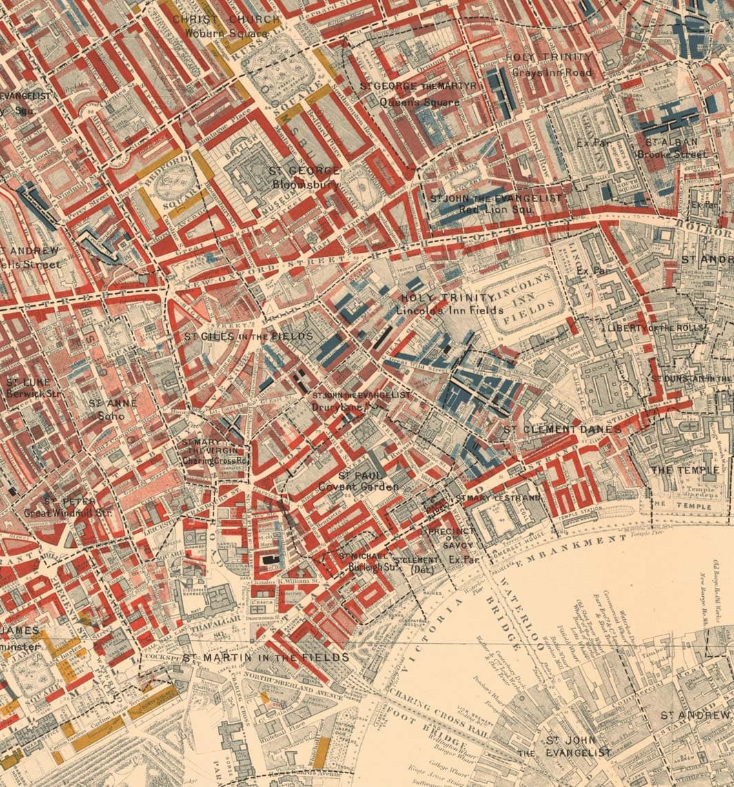Mapa de la pobreza en Londres 1898-9, Distrito Central Oeste, por Charles Booth - Westminster, Camden, Ciudad de Londres, Islington - W1, WC1, WC2, EC1, N1