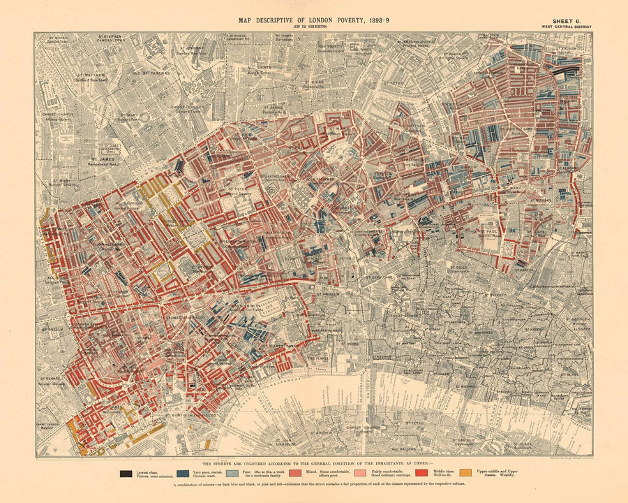 Carte de pauvreté personnalisée de Londres par Charles Booth, 1898-1899 