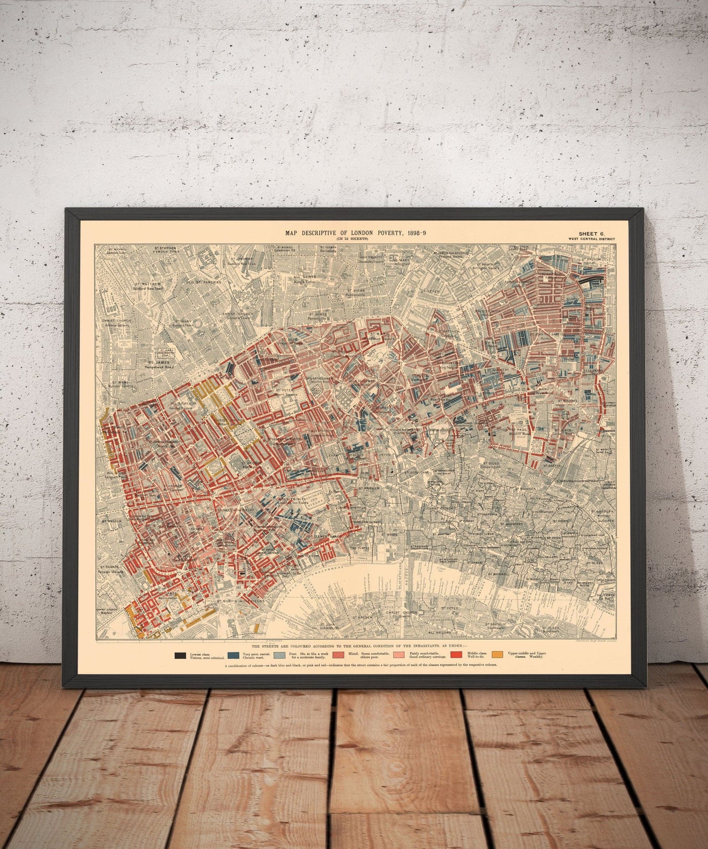 Karte der Londoner Armut 1898-9, West Central District, von Charles Booth - Westminster, Camden, City of London, Islington - W1, WC1, WC2, EC1, N1