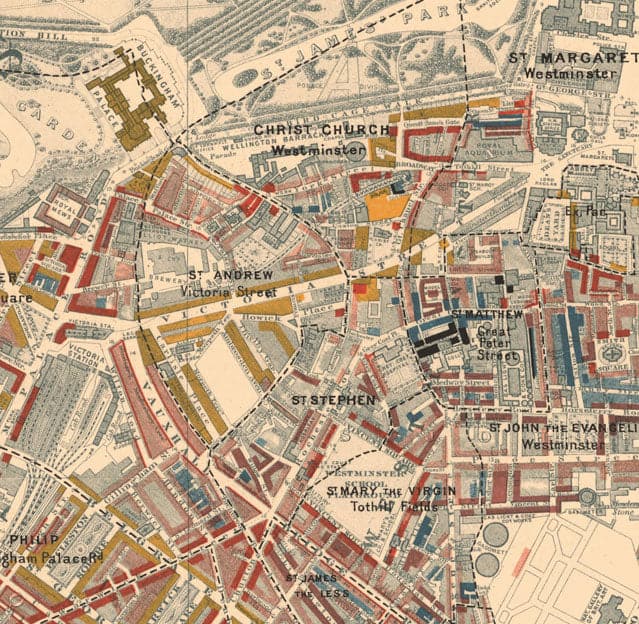 Mapa de la pobreza en Londres 1898-9, distrito interior occidental, por Charles Booth - Westminster, Hyde Park, Kensington, Mayfair - W1, W2, W11, W8, SW7, SW3, SW1