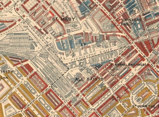 Map of London Poverty 1898-9, Inner Western District, by Charles Booth - Westminster, Hyde Park, Kensington, Mayfair - W1, W2, W11, W8, SW7, SW3, SW1