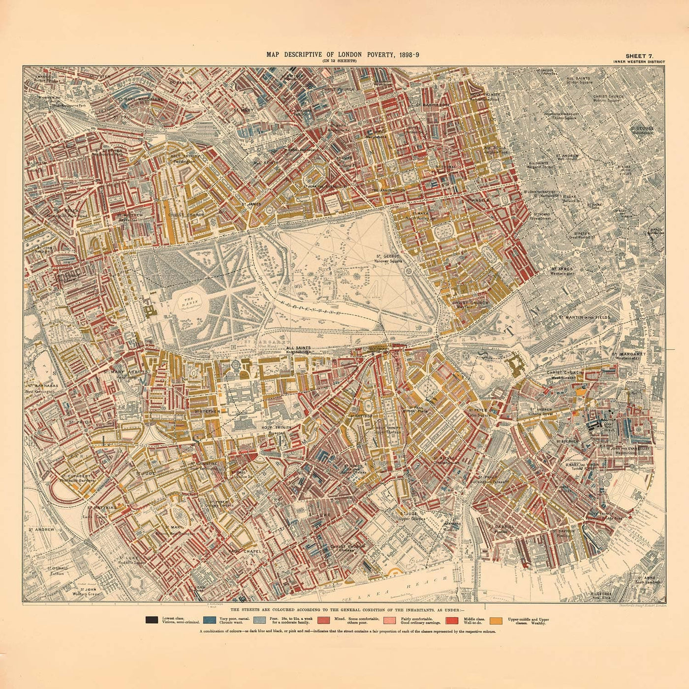 Carte de la pauvreté de Londres 1898-9, Inner Western District, par Charles Booth - Westminster, Hyde Park, Kensington, Mayfair - W1, W2, W11, W8, SW7, SW3, SW1