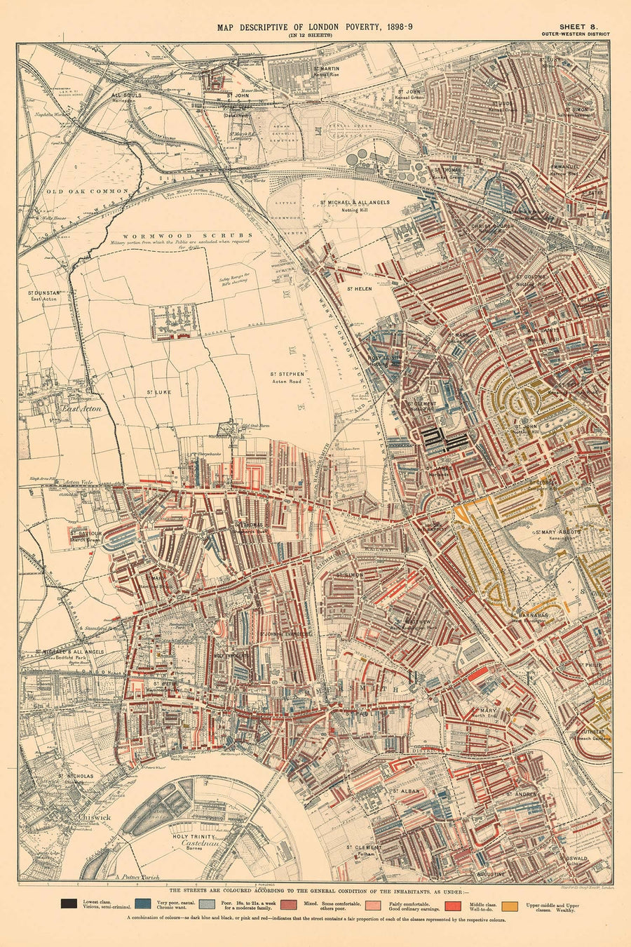Carte de pauvreté personnalisée de Londres par Charles Booth, 1898-1899 