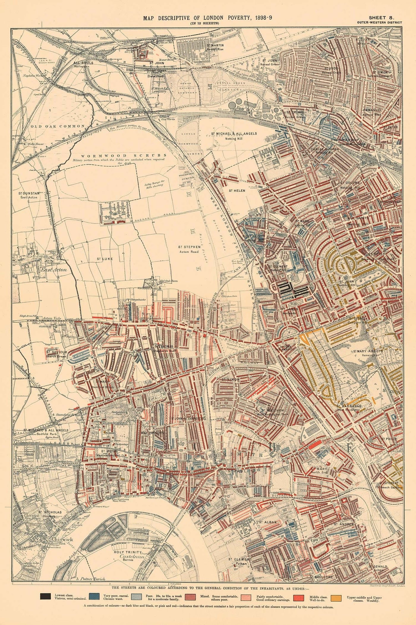 Carte ancienne personnalisée de la pauvreté de Londres par Charles Booth, 1898-9