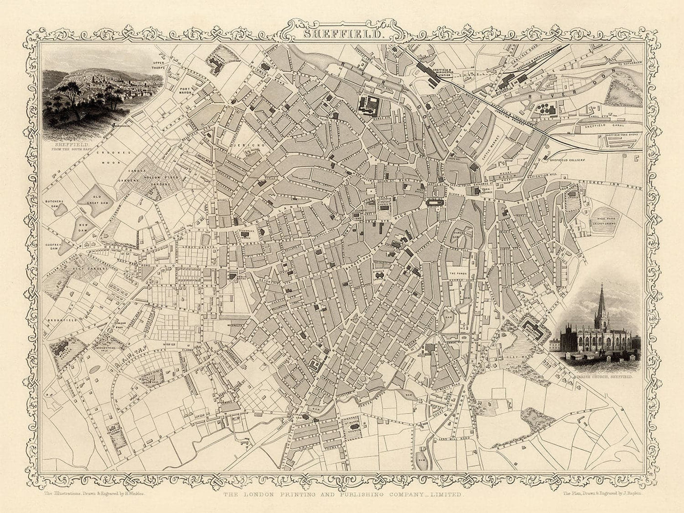 Alte Karte von Sheffield, Yorkshire 1851 von Tallis & Rapkin