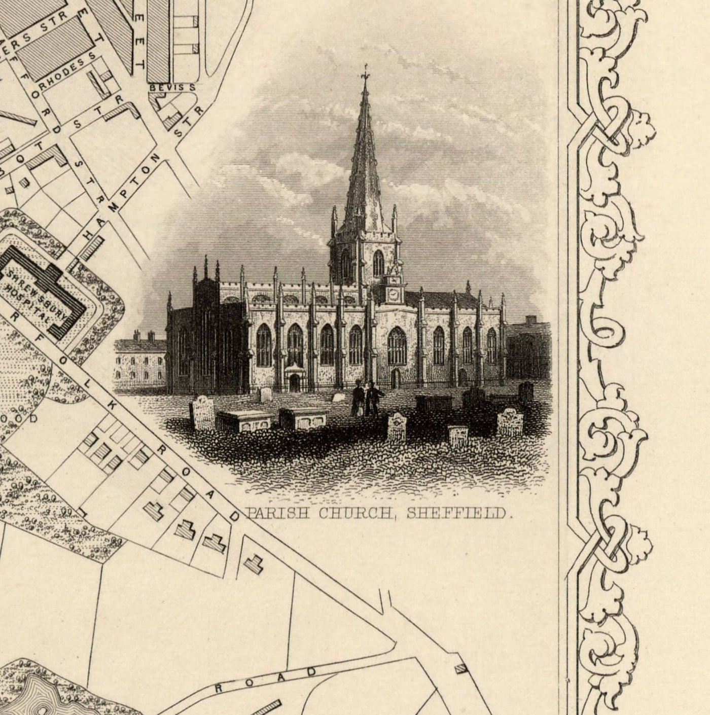 Viejo mapa de Sheffield, Yorkshire en 1851 por Tallis & Rapkin