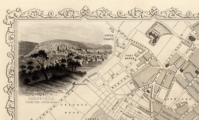 Alte Karte von Sheffield, Yorkshire 1851 von Tallis & Rapkin