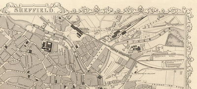 Viejo mapa de Sheffield, Yorkshire en 1851 por Tallis & Rapkin