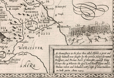 Vieille carte du Shropshire en 1611 par John Speed ​​- Shrewsbury, Telford, Bridgnorth, Oswestry, Newport, Ludlow