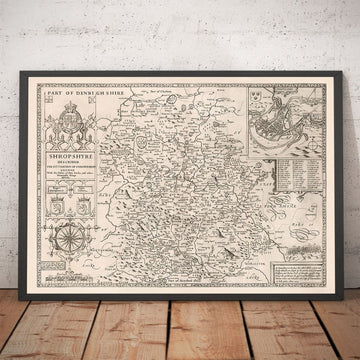 Mapa antiguo de Shropshire en 1611 por John Speed ​​- Shrewsbury, Telford, Bridgnorth, Oswestry, Newport, Ludlow